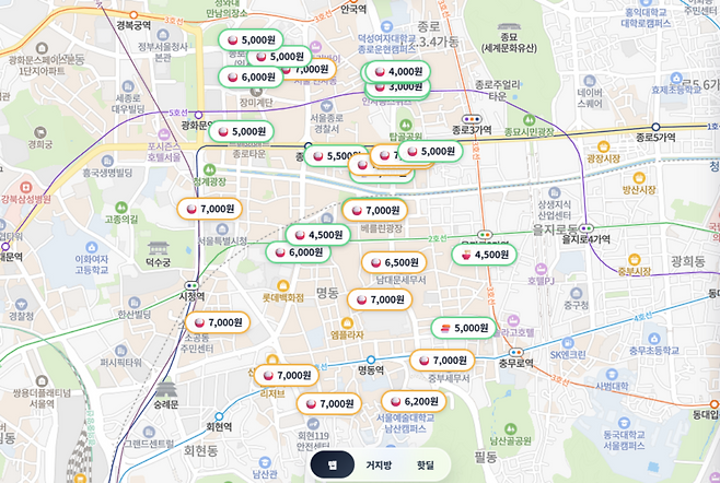 서울 종로구 일대에서 8000원 이하 메뉴를 선보이는 일부 식당이 표시돼 있다. (출처='거지맵' 사이트 캡처)