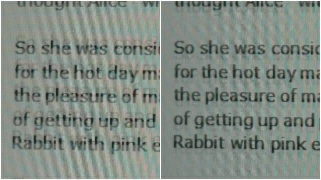 UFOTest 웹사이트 내 텍스트 스크롤 테스트에서 펄사 오프(왼쪽)/온(오른쪽) 비교. (사진=지디넷코리아)