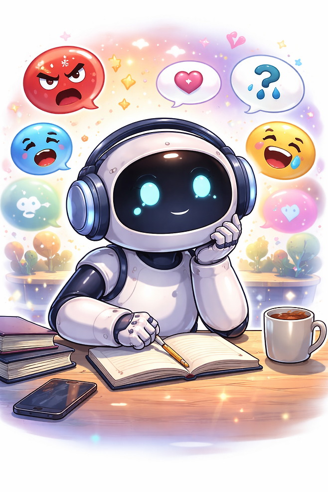 사용자의 이야기를 듣고 반응을 고민하는 인공지능을 표현한 이미지. (챗GPT 생성)