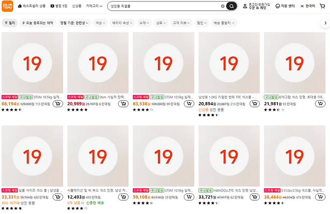 쇼핑몰 ‘테무’에 ‘성인용 리얼돌’을 검색한 결과. 테무 홈페이지 갈무리