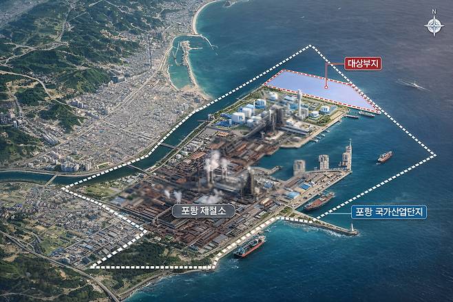 포항제철소 인근 해역에 조성될 수소환원제철 부지(대상부지) 위치도. 포항국가산업단지 확장과 함께 탈탄소 전환의 핵심 거점으로 추진된다. /포항환경연대 제공