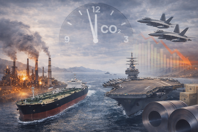 중동 긴장과 해상 운송로 불안, 탄소 규제 강화가 겹치며 글로벌 공급망과 철강 산업에 복합 충격을 주는 상황을 상징적으로 보여주는 이미지. /포항환경연대 제공