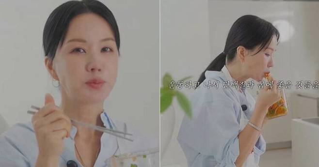 가수 겸 배우 엄정화가 얇게 썬 당근과 양파, 닭가슴살 등을 곁들인 샐러드를 섭취하고 있다. 사진=유튜브 채널 'Umaizing 엄정화TV'