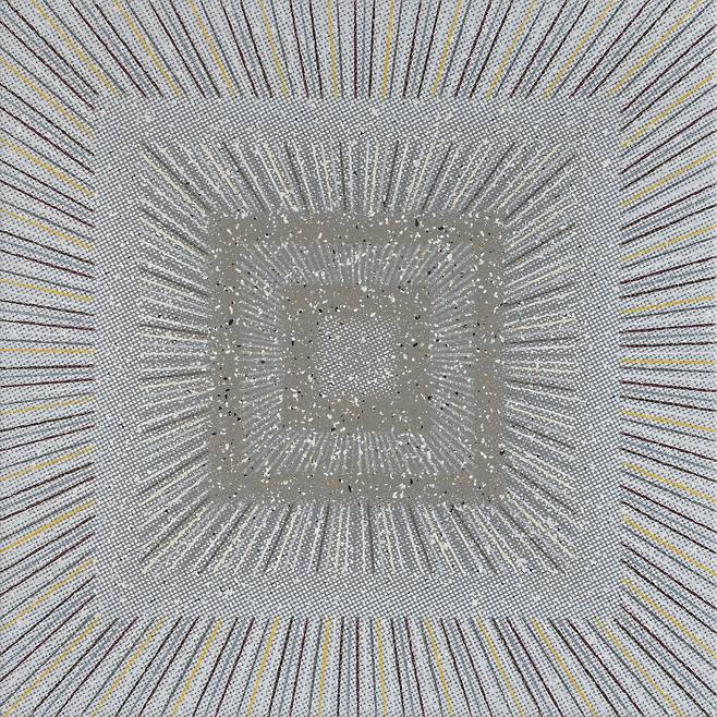 지근욱_Space Engine - Metallic Field 001-1, 2026, Colored pencil, acrylic and UV print on canvas, 20x20cm (학고재 제공)