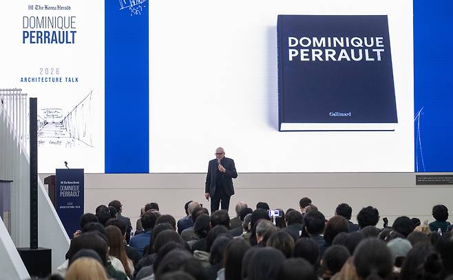 Dominique Perrault delivers a lecture titled “Dominique Perrault on Public Architecture: Ground, Light and the Civic Realm,” Tuesday at the 2026 Korea Herald Architecture Talk at Ewha Womans University in Seoul. (Yoon Chang-bin/The Korea Herald)