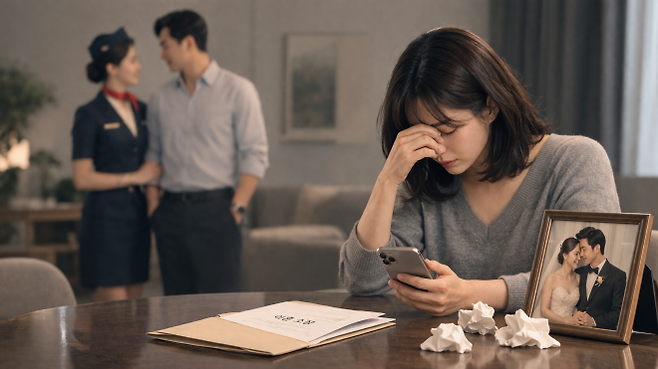 다른 승무원과의 관계를 이어가며 재산분할 없는 이혼을 요구한 남편 때문에 충격에 빠진 아내의 상황을 표현한 생성형 AI 이미지.