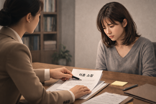 외도한 남편의 이혼 청구에 대응해 법률 상담을 받는 아내의 상황을 표현한 생성형 AI 이미지.