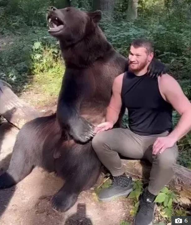 곰과 그래플링 훈련 중인 아슬란벡 마흐무도프. /사진=더선 갈무리