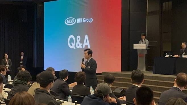 김태한 HLB그룹 총괄 회장이 9일 주주간담회에서 발언하는 모습. /제공=HLB