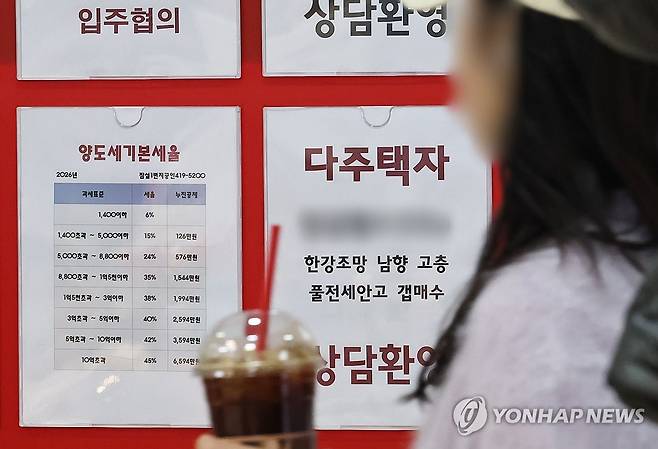 전국 2주택자 지수 감소세 계속 (서울=연합뉴스) 김인철 기자 = 양도소득세 중과 유예 종료를 앞두고 다주택자 수가 감소하고 있는 8일 서울 시내의 한 부동산중개업소에 양도세 관련 안내문이 붙어있다.
3월 기준 전국 집합건물 2채를 보유한 다소유지수는 11.244로 집계됐다. 2026.4.8 yatoya@yna.co.kr