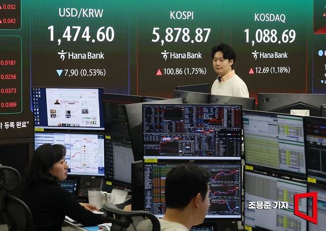 미-이란 전쟁이 2주간 휴전에 들어간 가운데 국내증시가 2% 가까이 상승 출발한 10일 서울 중구 하나은행 본점 딜링룸에서 직원이 증시와 환율 등을 모니터하고 있다. 이날 코스피는 전 거래일 대비 98.11p(1.70%) 오른 5876.12에 코스닥은13.14p(1.22%) 오른 1089.14, 원/달러 환율은 7.4원 내린 1475.1원에 장을 시작했다. 2026.4.10 조용준 기자