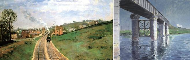 (왼쪽부터) 카미유 피사로, ‘로드십 레인 역’. 구스타브 카유보트, ‘센강과 아르장퇴유 철도 다리’. /사진 위키피디아