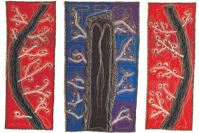 하민수, ‘김씨가 이씨를 낳고, 이씨가 하씨를 낳고, 하씨가 신씨를 낳고’, 1994, 천에 바느질, 260×500㎝. 현실문화연구 제공