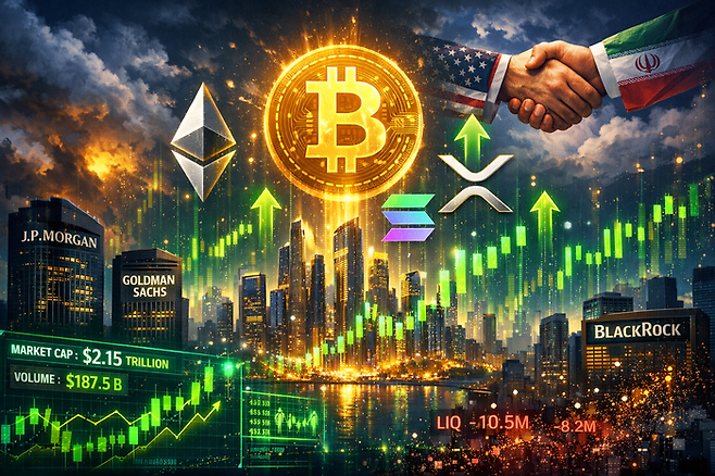 지정학적 긴장 완화 속에서 비트코인을 중심으로 암호화폐 시장이 강하게 상승하는 장면 < 생성 : 챗GPT >