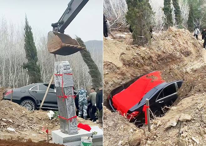 중국 랴오닝성의 한 장례식에서 고가의 벤츠 차량을 부장품으로 매장하는 모습이 포착돼 논란이 일고 있다. 중국 소셜미디어 웨이보 캡처