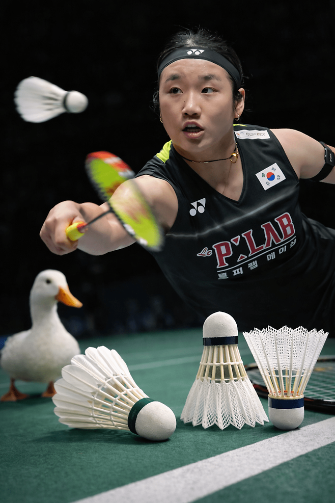 천연 깃털 셔틀콕 가격 급등에 따라 합성 셔틀콕이 새로운 대안으로 떠오르고 있다. 여자단식 세계 랭킹 1위 안세영. AI 생성 이미지