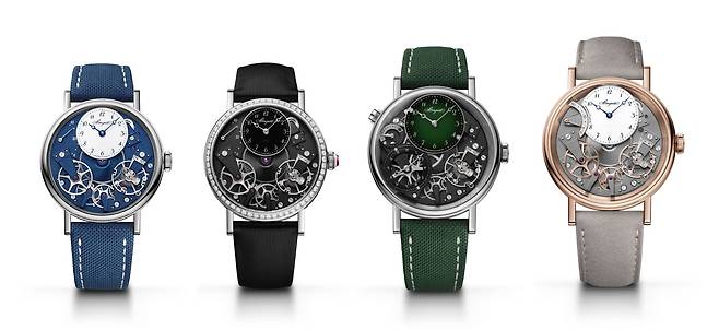 브레게는 올해 트래디션 컬렉션의 개편 작업을 마쳤다. 트래디션은 2005년 처음 출시된 라인업으로 시계의 심장인 무브먼트를 다이얼 측면으로 드러내 시계 메커니즘을 미학적으로 표현한 대표 사례로 꼽힌다. 왼쪽부터 '트래디션 세컨즈 레트로그레이드 7037'과 '7038', '트래디션 GMT 7067', '트래디션 세컨즈 레트로그레이드 7097' 모델. 사진 브레게