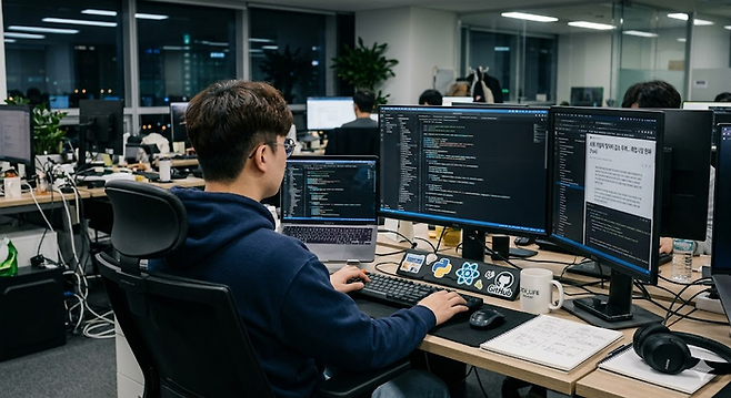 최근 개발자를 AI로 대체하는 기업이 늘어나면서 관련 업종의 대졸 신규 취업문이 좁아지고 있다. 사진은 개발자가 사무실 내에서 작업하는 모습을 AI로 생성한 이미지. <나노바나나2>