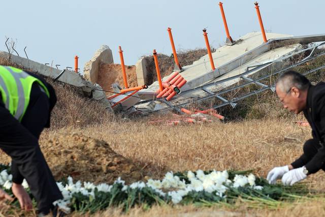 12·29 제주항공 여객기 참사 1주기인 작년 12월 29일 무안국제공항 참사 현장에서 공항 관계자들이 국화꽃을 정리하고 있다. <무안=연합뉴스>