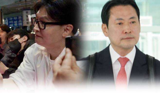 한동훈 전 대표가 11일 수원 팔달문 인근 전통시장을 찾았다(왼쪽), 장동혁 대표가 같은 날 미국 방문을 위해 출국하는 모습. (각각 페이스북)