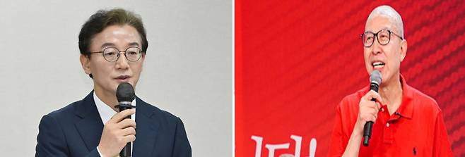 전재수 더불어민주당 부산시장 후보가 지난달 17일 여의도 당사에서 공천 면접을 보고 있다(왼쪽 사진). 박형준 국민의힘 부산시장 후보가 지난달 28일 부산진구에서 후보 경선 출마를 선언하고 있다. 박민규 선임기자·연합뉴스