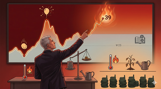 미국 증시가 닷컴버블 수준의 과열 구간에 진입했다는 분석이 나오는 가운데, 경기조정 주가수익비율(CAPE) 지표를 통해 시장의 밸류에이션 부담과 금리 하락 필요성을 역설하고 있다. 출처=제미나이 생성