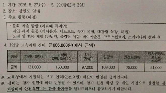 한 학교의 수학여행 통지서 ⓒ 온라인커뮤니티