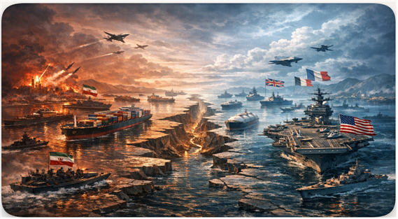 서로 다른 주장, 봉쇄 vs트럼프 역봉쇄 그리고 유럽의 해협개방에 대한 상상도. 김태준 한반도안보문제연구소장 AI 그림