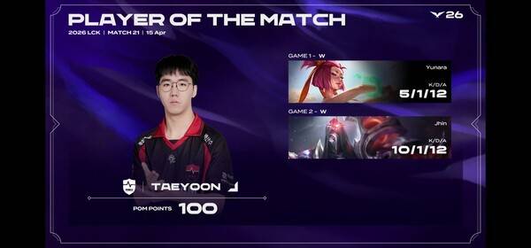 15일 서울 종로구 치지직 롤파크에서 열린 '2026 LoL 챔피언스 코리아(LCK)' 정규 시즌 1라운드 경기에서 농심 레드포스는 BNK 피어엑스를 상대로 세트 스코어 2대0 완승을 거두었다. (농심레드포스 & BNK피어엑스=2:0 / POM=TAEYOON). /사진=네이버 치지직 라이브영상 캡처