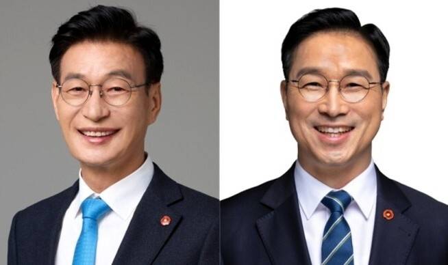 더불어민주당 제주지사 후보 결선에 오른 문대림(왼쪽, 기호 2번) 의원과 위성곤 의원(기호 1번).