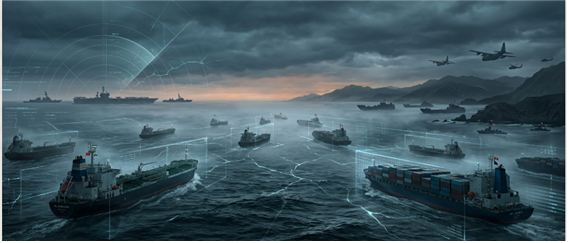 존재하는 위협(TIB)으로 인해 긴장이 흐르는 암울한 호르무즈 해협에 대한 상상도. 김태준 한반도안보문제연구소장 AI 그림