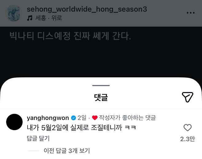 세홍 인스타그램 댓글창 캡처.