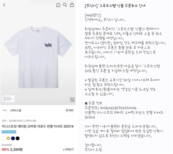 무신사가 2200원 초특가로 반팔 티셔츠 제품(왼쪽)을 노출한 뒤 구매자에게 발송한 취소 안내 메시지./사진=온라인 커뮤니티 캡처
