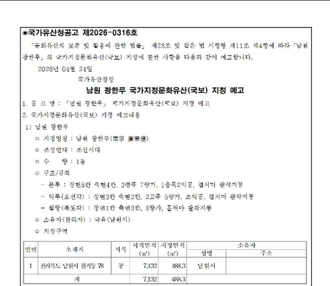 남원 광한루 국보 지정 예고 공고. 국가유산청 제공