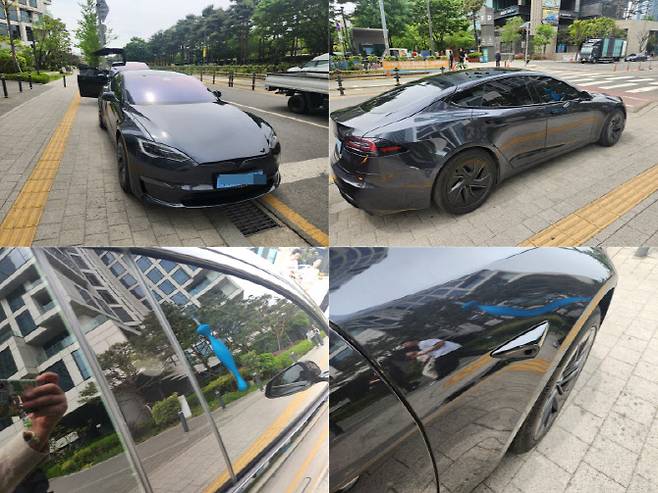 쏘카가 구독서비스로 선보인 테슬라 모델S FSD 감독형 차량(위)모습이며, 옆에 장착된 카메라(아래)로 FSD 기능 구현이 가능하다.(사진=이소현 기자)