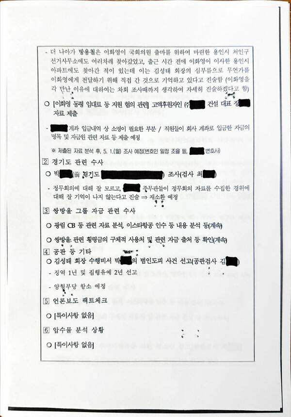 더불어민주당 박성준 의원이 28일 공개한 5쪽짜리 대북송금 사건 수사 보고 문건. 박 의원은 해당 문건이 대검찰청과 법무부를 통해 대통령실 공직기강비서관실에 보고됐고 윤석열도 보고 받았다고 밝혔다. 그림은 문건 3쪽. 2026.4.28. 박성준 의원실 제공
