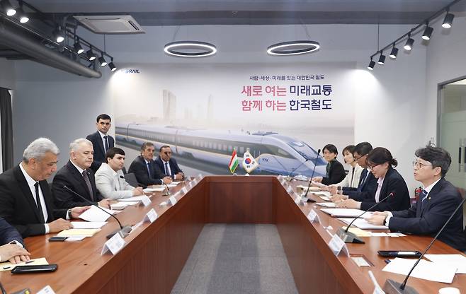 홍지선 국토교통부 제2차관이 30일 정부과천청사에서 네맛조다 파루흐 타지키스탄 교통부 차관을 면담했다(국토교통부 제공).ⓒ 뉴스1