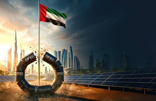28일(현지 시간) 아랍에미리트(UAE)의 석유수출국기구(OPEC) 탈퇴 선언을 소개한 UAE 국영 통신사의 보도 그래픽. 사진 출처 UAE 국영 통신사 WAM