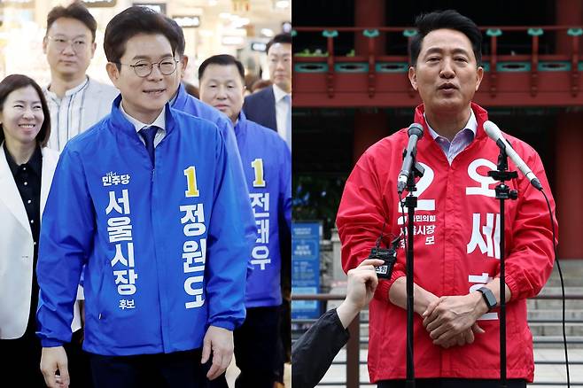 정원오 더불어민주당 서울시장 후보(왼쪽)와 오세훈 국민의힘 서울시장 후보. 2026.4.27. 뉴스1