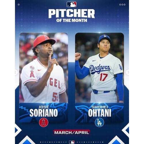 MLB 3∼4월 이달의 투수 소리아노(왼쪽)와 오타니. MLB 인스타그램 계정 캡처