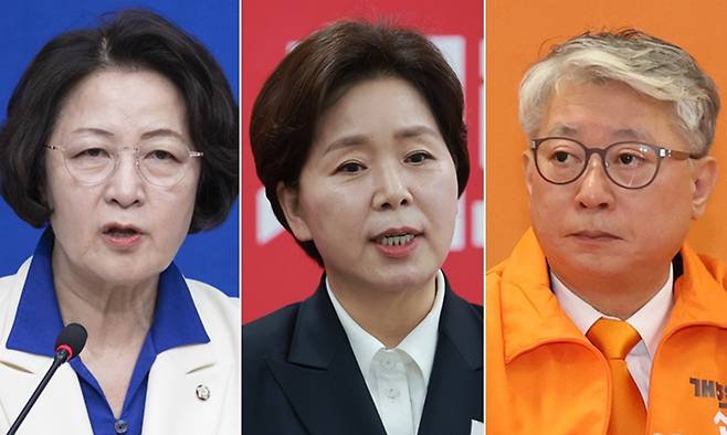 6·3 지방선거 경기도지사 후보로 나서는 더불어민주당 추미애(왼쪽부터), 국민의힘 양향자, 개혁신당 조응천 후보. 연합뉴스