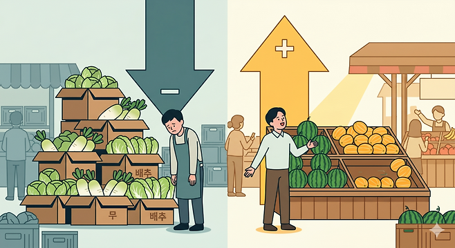 배추·무·양배추·토마토 등 일부 엽근채소 가격은 지난해에 비해 하락하고, 참외·수박 가격은 소폭 상승할 것이란 전망이 나왔다. ©AI 제작