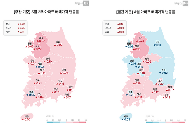 5월 2주 아파트 매매가격 변동률. ⓒ부동산R114
