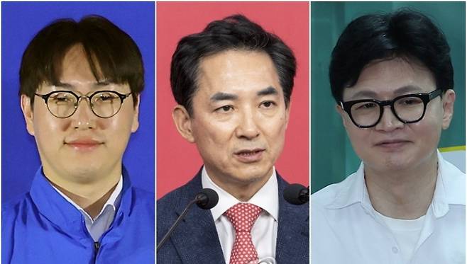 부산 북구갑 더불어민주당 하정우 후보, 국민의힘 박민식 후보, 무소속 한동훈 후보. 연합뉴스