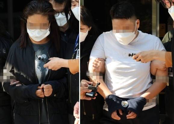 약물을 탄 술로 남편을 살해하려 한 혐의를 받는 태권도장 직원(왼쪽)과 공범 관장이 9일 오후 구속 전 피의자 심문(영장실질심사)이 끝난 뒤 인천지법 부천지원을 나서고 있다. 연합뉴스