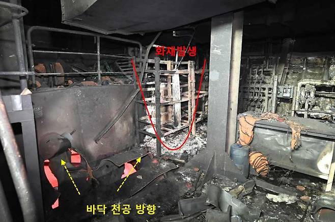 나무호 화재 발생 현장. 외교부는 “발화 지점은 평행수 탱크 상판 천공된 지점”이라며 “1차 타격으로 발화되고 이후 2차 타격으로 화재 규모가 급격히 확산된 것으로 보인다”고 밝혔다. 외교부 제공