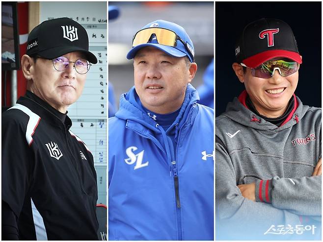 KT, 삼성, LG가 피타고리안 승률서 3강 구도를 이루고 있다. 이강철 KT 감독, 박진만 삼성 감독, 염경엽 LG 감독(왼쪽부터). 뉴시스·KT 위즈·삼성 라이온즈 제공