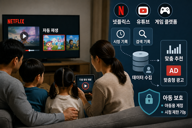 가족이 온라인 동영상 서비스(OTT)를 시청하는 가운데 시청 기록과 검색 기록이 데이터 수집·맞춤 추천으로 이어지는 구조를 형상화한 이미지.(사진=챗GPT AI 생성)