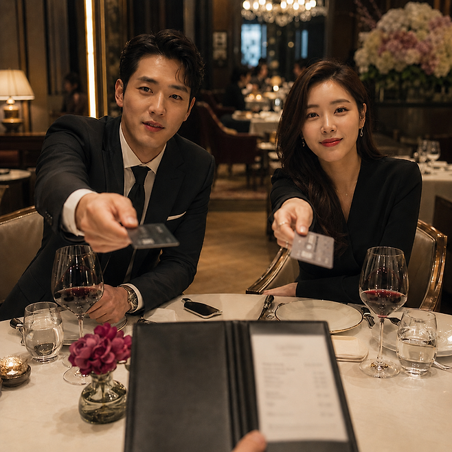 레스토랑에서 커플이 더치 페이를 위해 각자 카드를 건네고 있다. ChatGPT로 생성한 이미지. /ChatGPT