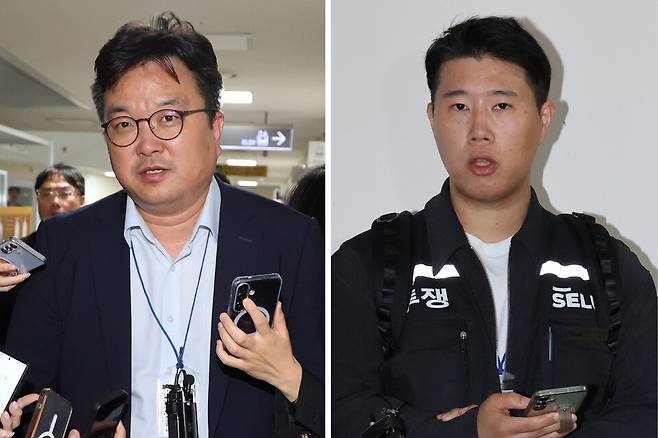 삼성전자 대표교섭위원인 김형로 부사장(왼쪽)과 최승호 초기업노조 삼성전자지부 위원장이 5월13일 새벽 세종시 정부세종청사 중앙노동위원회에서 2026년 임금협약 체결을 위한 2차 사후조정이 결렬된 후 협상장을 각각 떠나며 취재진의 질문에 답하고 있다. ⓒ 연합뉴스
